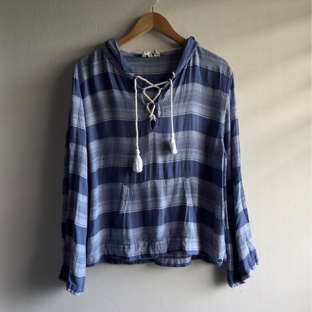 Roxy Blue Hooded Top Women Large Blue Striped Lace Up